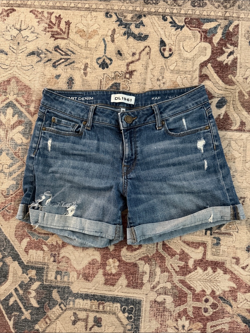 DL1961 Rolled-Hem Distressed Denim Shorts in Medium Blue size 26